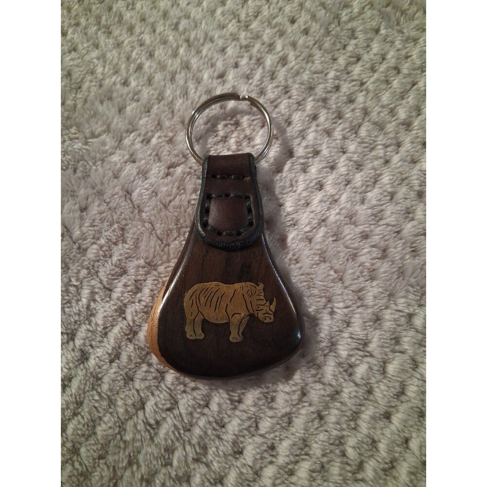 JB ART CRAFT Carved African Blackwood Brass Rhino Inlay Keyring Gift Present Men